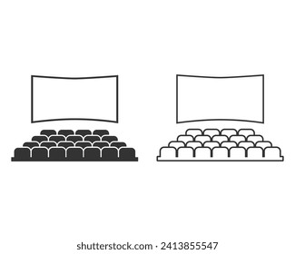 Cinema hall line icon set, movie theater entertainment screen. Performance theatre stage. Vector cinema hall illustration on white background