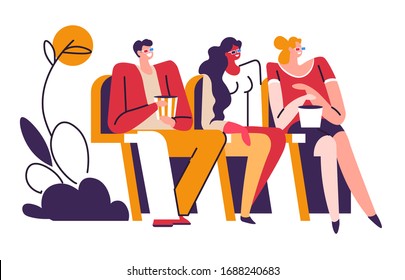 Cinema hall, man and women or friends watching movie or motion picture vector. People in 3D glasses eating popcorn film projection, girls and guy on armchairs. Going to movies, entertainment