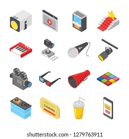 Cinema hall and movie making icons  in isometric style 