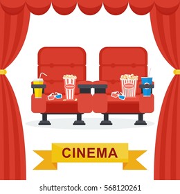 Cinema hall with red curtains. Soft seats for spectators, snacks, beverages, popcorn. Flat vector cartoon illustration. Objects isolated on a white background.