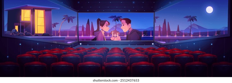 Cinema hall with romantic film on screen. Vector cartoon illustration of show in movie theater with empty seats, upset couple on date near house against night mountain view, moon and stars in dark sky