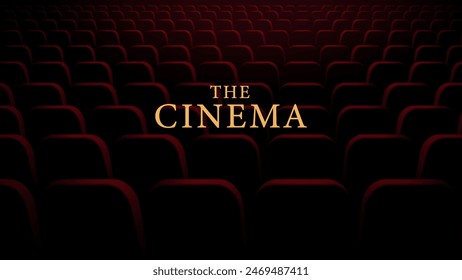 Cinema hall with rows of seats, red cinema chairs. Theater empty scene. Movie theatre. Realistic render. Flat style cartoon design. Minimalism. Vector eps10 illustration.