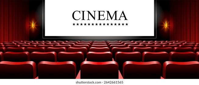 Salão de cinema com tela. Fileiras de assentos, cadeiras de cinema vermelho. Cena de teatro. Vetor de cinema