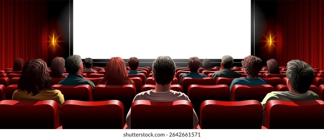 Salão de cinema com tela. Fileiras de assentos, cadeiras de cinema vermelho. Cena de teatro. Vetor de cinema
