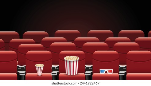 Asiento de sala de cine con palomitas de maíz gafas tridimensionales teatro vector póster