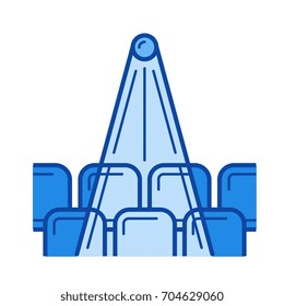 Icono de la línea vectorial de la sala de cine aislado en fondo blanco. Icono de la línea del cine para infografía, sitio web o aplicación. Icono azul diseñado en un sistema de cuadrícula.