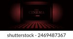 Cinema hall with white blank screen. Rows of seats, red cinema chairs. Theater empty scene. Movie theatre. Realistic render. Flat style cartoon design. Minimalism. Vector eps10 illustration.