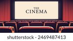 Cinema hall with white blank screen. Rows of seats, red cinema chairs. Theater empty scene. Movie theatre. Realistic render. Flat style cartoon design. Minimalism. Vector eps10 illustration.