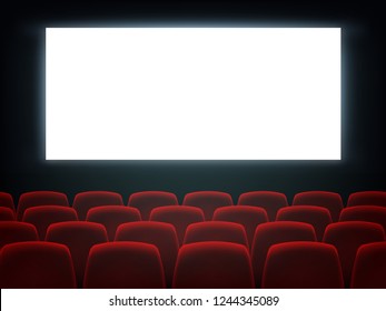 Cinema Hall With White Blank Screen And Chairs. Movie Theater Empty Scene Design. Vector Flat Style Cartoon Illustration