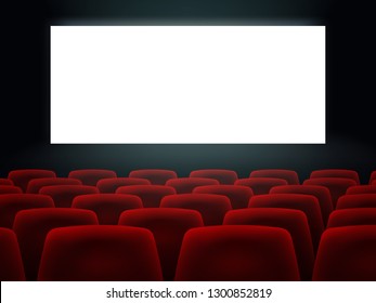 Cinema Hall With White Blank Screen And Red Rows Cinema Movie Theater Seats.