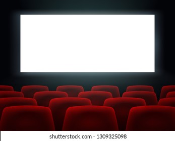 Cinema Hall With White Blank Screen And Red Rows Cinema Movie Theater Seats.