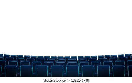 Cinema hall with white blank screen and chairs. Realistic rows of blue chairs movie theater seats facing a white screen background. Vector in flat design with white screen and rows of armchairs.EPS 10