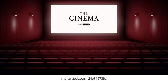 Cinema hall with white blank screen. Rows of seats, red cinema chairs. Theater empty scene. Movie theatre. Realistic render. Flat style cartoon design. Minimalism. Vector eps10 illustration.