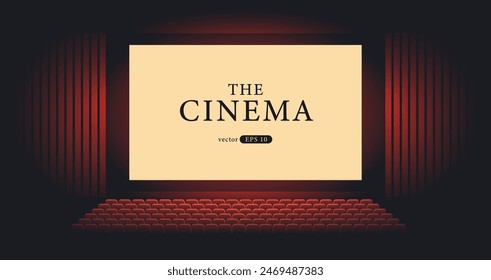 Cinema hall with white blank screen. Rows of seats, red cinema chairs. Theater empty scene. Movie theatre. Realistic render. Flat style cartoon design. Minimalism. Vector eps10 illustration.