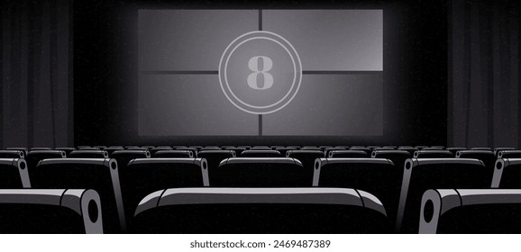 Cinema hall with white blank screen. Rows of seats, black cinema chairs. Theater empty scene. Movie theatre. Realistic render. Flat style cartoon design. Minimalism. Vector eps10 illustration.