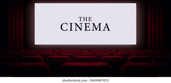 Cinema hall with white blank screen. Rows of seats, red cinema chairs. Theater empty scene. Movie theatre. Realistic render. Flat style cartoon design. Minimalism. Vector eps10 illustration.