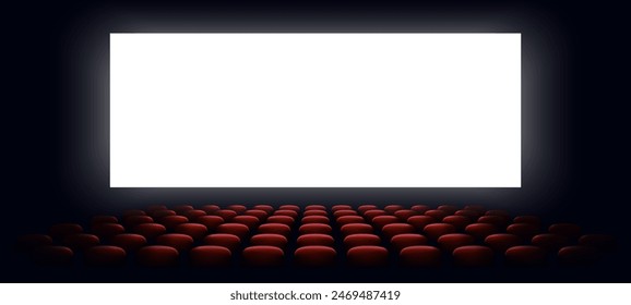 Cinema hall with white blank screen. Rows of seats, red cinema chairs. Theater empty scene. Movie theatre. Realistic render. Flat style cartoon design. Minimalism. Vector eps10 illustration.