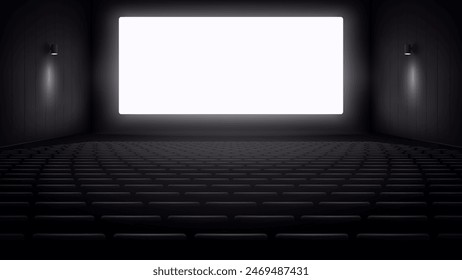 Cinema hall with white blank screen. Rows of seats, black cinema chairs. Theater empty scene. Movie theatre. Realistic render. Flat style cartoon design. Minimalism. Vector eps10 illustration.