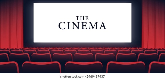 Cinema hall with white blank screen. Rows of seats, red cinema chairs. Theater empty scene. Movie theatre. Realistic render. Flat style cartoon design. Minimalism. Vector eps10 illustration.