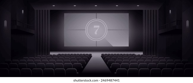 Cinema hall with white blank screen. Rows of seats, black cinema chairs. Theater empty scene. Movie theatre. Realistic render. Flat style cartoon design. Minimalism. Vector eps10 illustration.