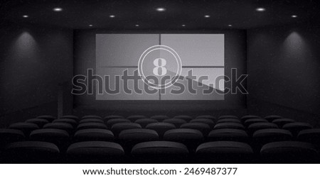 Cinema hall with white blank screen. Rows of seats, black cinema chairs. Theater empty scene. Movie theatre. Realistic render. Flat style cartoon design. Minimalism. Vector eps10 illustration.