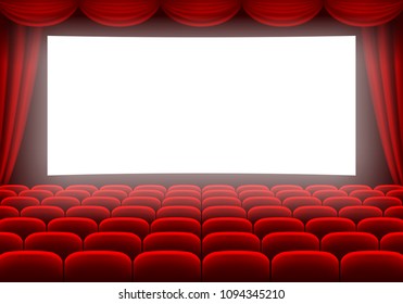 Cinema hall with white glowing screen, curtain and rows of red seats. Vector illustration.