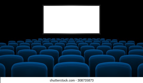 Cinema hall with white screen and blue row chairs
