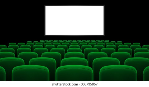 Cinema hall with white screen and green row chairs