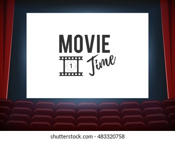Cinema hall with white screen and red row chairs. Movie time concept. Vector Illustration for design template presentation web and printed materials