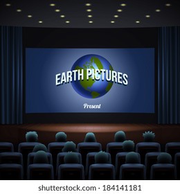 cinema hall, wood podium, blue chairs, blue curtain and wide screen with sign coming soon. Realistic vector illustration.