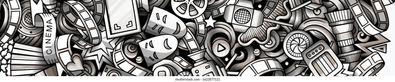 Cinema hand drawn doodle banner. Cartoon detailed flyer. Movie identity with objects and symbols. Monochrome vector design elements background