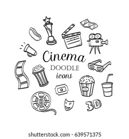 Cinema hand drawn doodle icons. Movie sketch illustrations set.