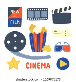 Cinema hand drawn elements: popcorn, movie clapperboard, 3D glasses, poster, star for rating, ticket.  Vector doodles illustration isolated on white background