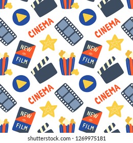 Cinema hand drawn seamless pattern. Popcorn, movie clapperboard, poster, star for rating. Vector doodles print illustration isolated on white background