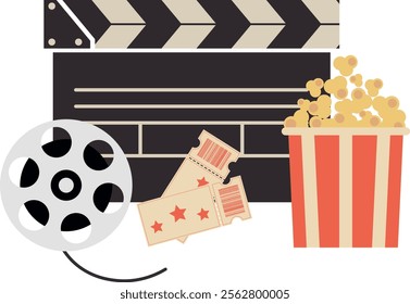 Cinema hand drawn vector illustration. Popcorn, tickets, clapperboard and film strip. Movie theatre composition in vintage colours