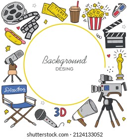 Cinema handmade. Vector illustration. Film production icons. social media Freehand cinematography elements: camera, film, camera, pizza, popcorn, projector, microphone