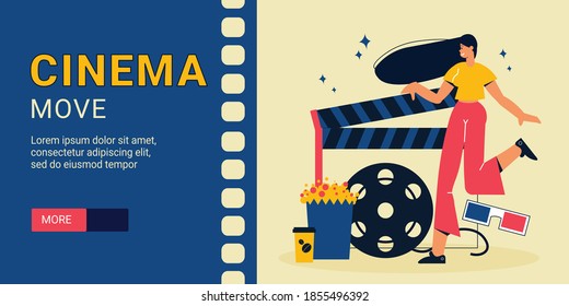 Cinema horizontal banner with editable text slider more button and images of reel popcorn and woman vector illustration