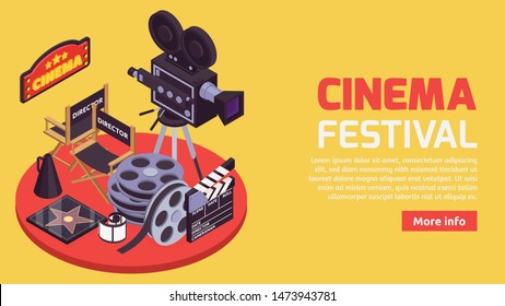 Cinema horizontal banner with isometric images of professional movie making tools with editable text and button vector illustration