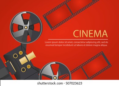 Cinema horizontal banner with old school vintage camera and reel of film on red background. Blank / Template for cinema design. Flat vector illustration