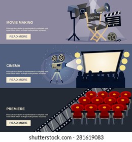 Cinema horizontal banner set with movie making premiere flat elements isolated vector illustration