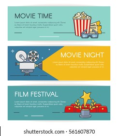 Cinema horizontal banners set with popcorn, retro camera, festival award. Outline flat style illustration