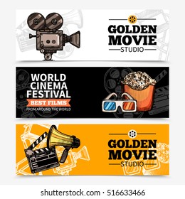 Cinema horizontal banners with studio title camera clapperboard popcorn 3d glasses and megaphone vector illustration