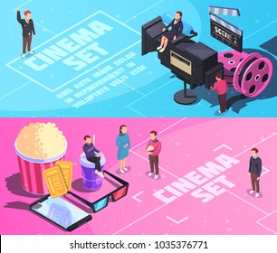 Cinema horizontal isometric banners on blue pink background with movie set, staff, tickets, snacks isolated vector illustration 