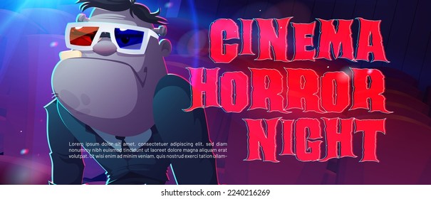 Cinema horror night banner with zombie character in 3d glasses. Vector poster of Halloween film festival with cartoon illustration of creepy monster and glitch effect of type