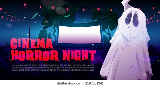 Cinema horror night cartoon banner. Funny ghost at outdoor movie theater with large screen and garlands around. Invitation at film festival with Halloween fantasy spook character, Vector illustration