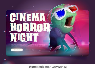 Cinema horror night landing page, cartoon template. Vector illustration of crazy zombie creature in 3d glasses on website. Scary movie festival announcement. Invitation for entertainment event