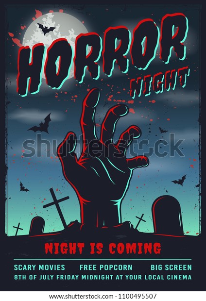 CInema horror poster with hand from the\
earth. Vector\
illustration.