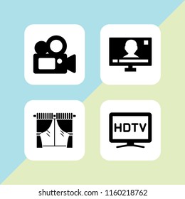 cinema icon. 4 cinema set with television, hd, film and curtain vector icons for web and mobile app