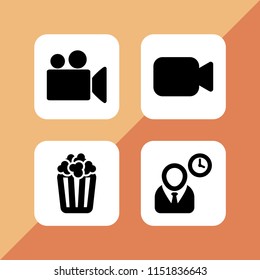 cinema icon. 4 cinema set with video camera, film, director and popcorn vector icons for web and mobile app