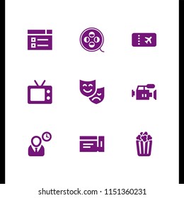 cinema icon. 9 cinema set with ticket, film, popcorn and video web vector icons for web and mobile app